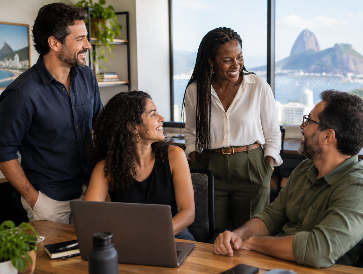 Equipe de uma empresa conversando descontraída em uma sala de reunião no Rio de Janeiro