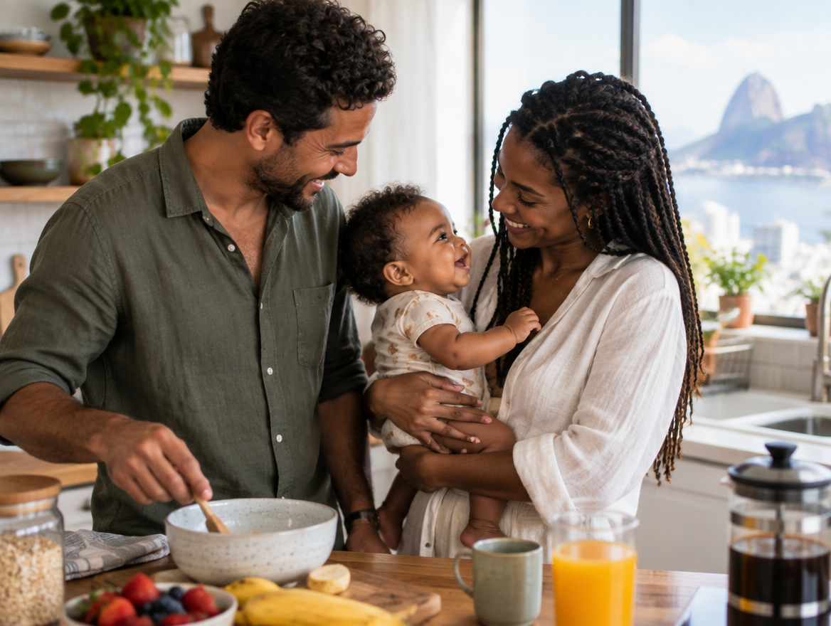 Pai, mãe e bebê sorrindo juntos na cozinha de casa no Rio de Janeiro
